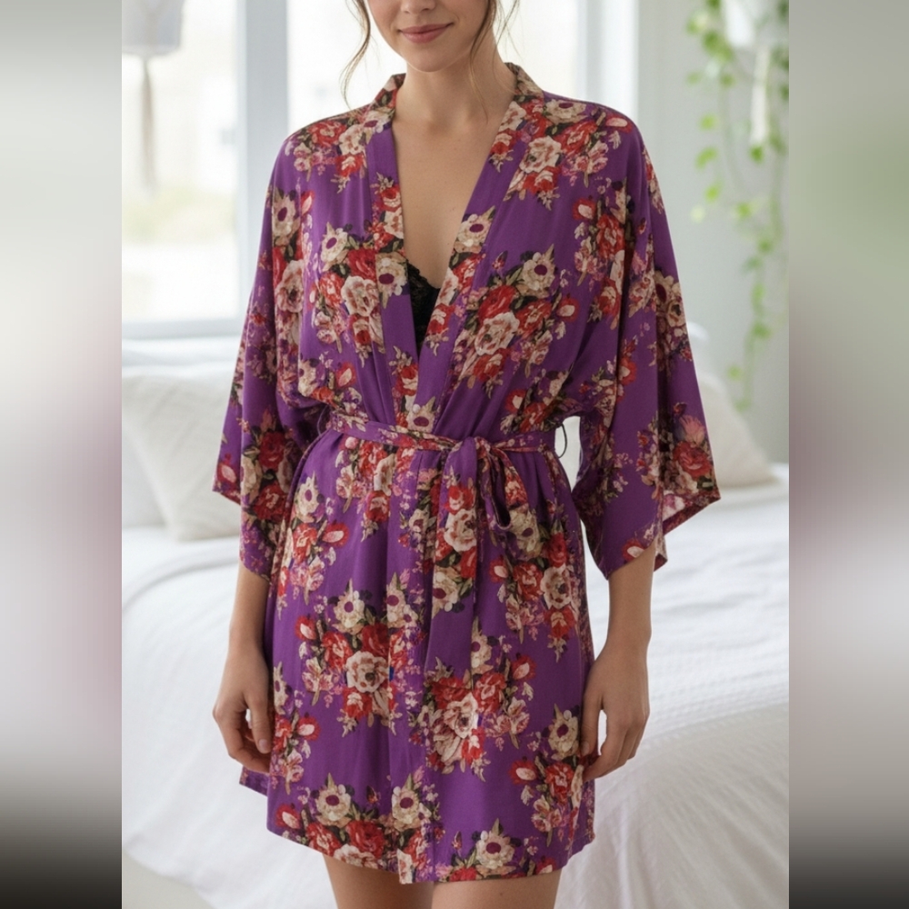 Womens Medium Floral Print Kimono Robe Tie Waist Purple Wedding Bridesmaid